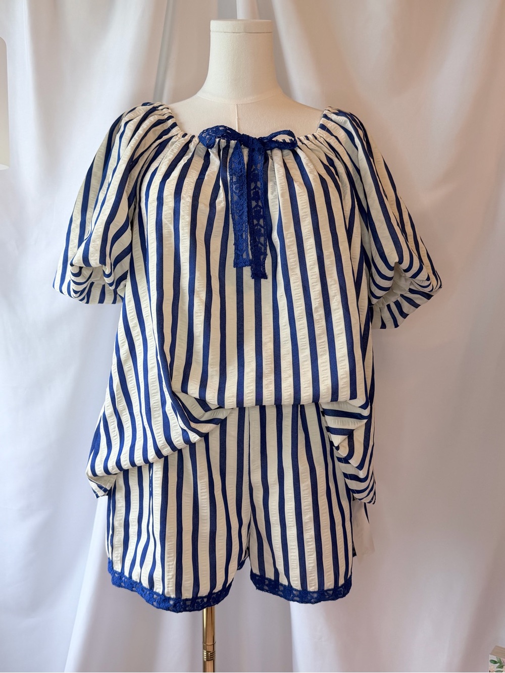 Women’s Navy and White Striped Two-Piece Top & Shorts Set